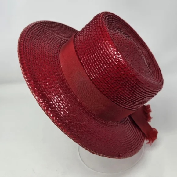 VINTAGE MR. MICHAEL EXCLUSIVE RED WOVEN PAPER STRAW BOATER HAT WIDE BRIM WOMEN main image 5